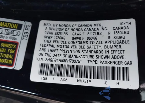 2015 Honda Civic Si z USA, uszkodzony, nr VIN 2HGFG4A58FH700751